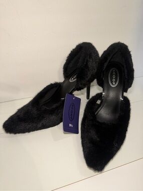 Scoop Black Faux Fur Pointed Toe Stiletto Heels